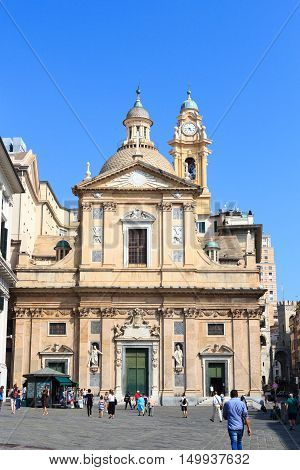 Genoa, Italy - June 26, 2016: Church Chiesa del Gesu. The church was built at the end of the 16th century. It is located at the square Piazza Matteotti in the center of Genoa.