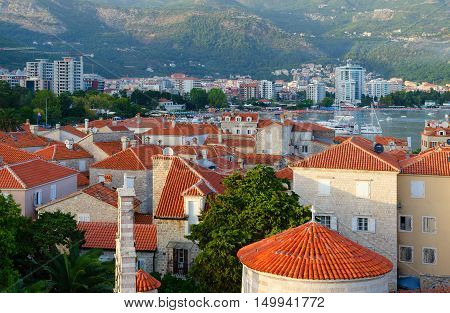 BUDVA MONTENEGRO - SEPTEMBER 17 2015: Top view of Old Town Budva Montenegro