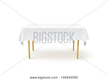 Bank white tablecloth mockup clipping path 3d rendering. Clear table cloth design mock up isolated. Fabric space satin on desk template. Kitchen wood table clean textile overlay. Setting cafe table.