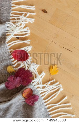 warm wool throw autumn red leaves on wooden background