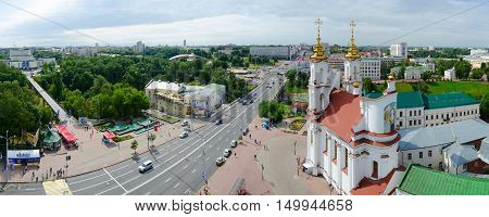VITEBSK BELARUS - JULY 13 2016: Panoramic view from above on Lenin Street Holy Resurrection Church concert hall 