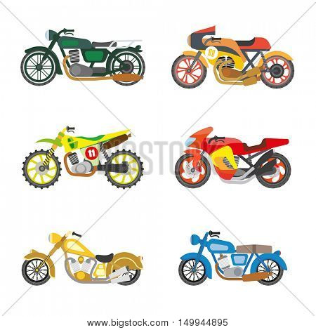 Set of motorcycles. Motorbike, moto transportation and motor vehicle icons. Power and speed sport bikes. Flat style design. Isolated vector illustrations on white background.