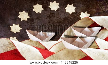 Columbus Day. Flag Waves and Three Paper Boats.