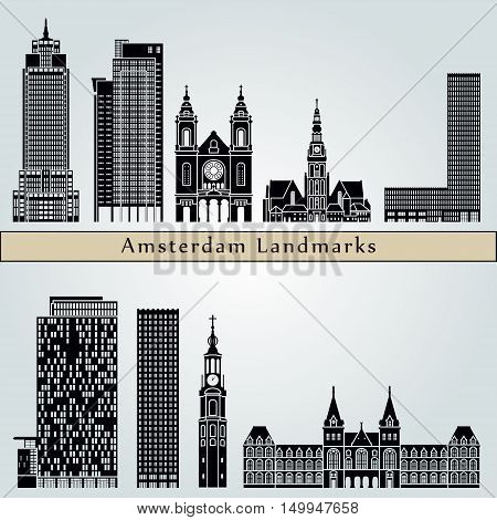 Amsterdam V2 landmarks and monuments isolated on blue background in editable vector file