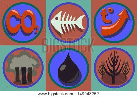 Ecological problems icon set. World pollution, global warming, species extinction, oil spill, deforestation, carbon dioxide temperature