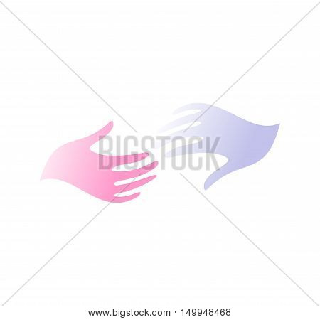 Isolated abstract blue and pink color human reaching hands logo. Man and woman touching hands logotype. Love symbol. Relationship sign. Dating and marriage agency icon. Vector illustration