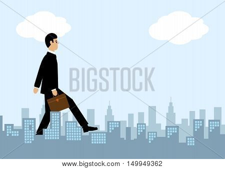 A giant businessman walks through a city. A metaphor on success in the city.
