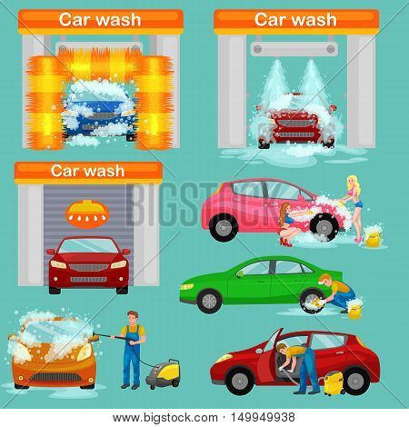 car wash services, auto cleaning with water and soap, car interior.
