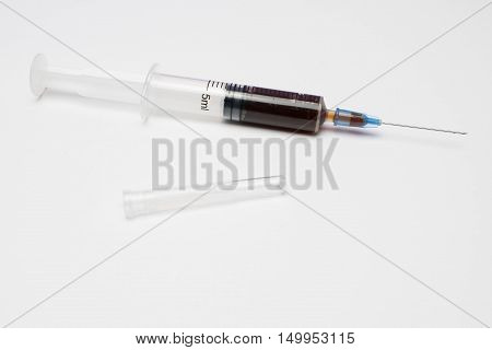 A syringe with coffee for an energy injection