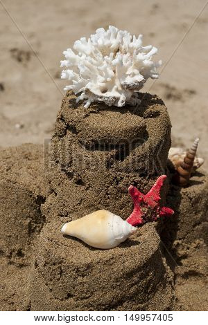 Sandcastle with starfish, coral and seashell on sandy beach, portrait