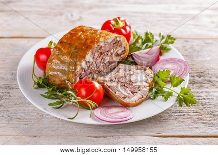 Brawn homemade ham pork head cheese, studio shot