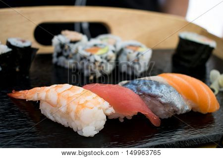 Japanese sushi food variety close up in a restaurant