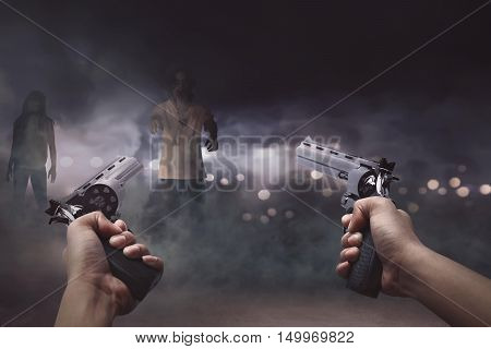 Man With Two Guns In His Hand Ready To Shooting A Lot Creepy Zombie