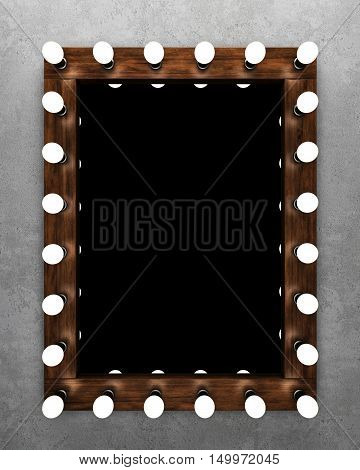 Wooden makeup mirror on concrete wall. 3D rendering