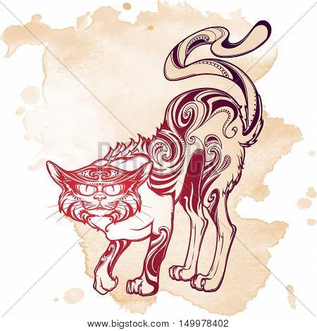 Halloween illustration. Cat with ornament on a grunge background. Intricate hand drawing. Halloween concept design. T-shirt print. Tattoo design. EPS10 vector illustration.