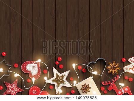 Christmas background, small scandinavian styled red decorations iluminated by electric decorative lights lying on dark brown wooden desk, inspired by flat lay style, vector illustration, eps 10 with transparency