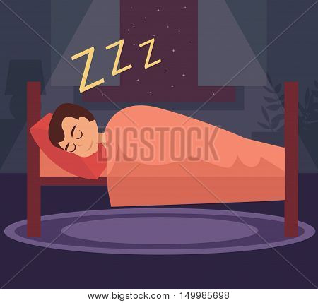 Man sleeping in bed. Vector illustration. Cartoon isolated