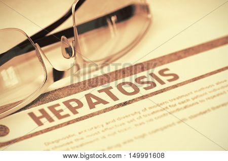 Hepatosis - Medicine Concept on Red Background with Blurred Text and Composition of Pair of Spectacles. 3D Rendering.