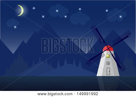 High quality original vector trendy Windmill in mountain landscape illustration
