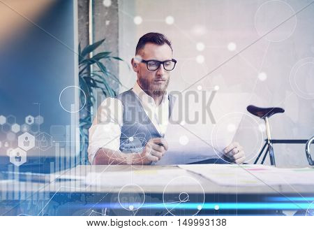 Concept Global Connection Virtual Icon Diagram Graph Interface Marketing Reserch.Bearded Businessman Making Great Business Decisions.Young Man Working Startup Documents Holding His Hands.Blurred