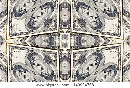 Background from a variety of hundred-dollar bills. Money money. Dollars background. Counterfeit money. Kaleidoscope.