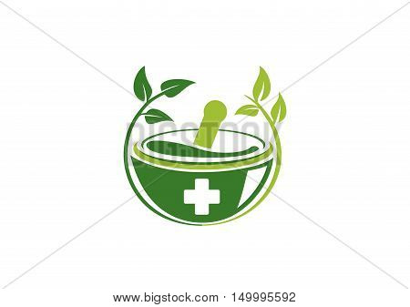 mortar and pestle logo, pharmacy medical logo icon, natural medicine herbal illustration logo symbol icon vector design.