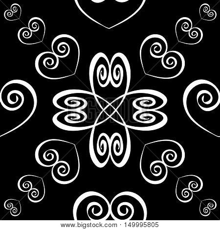 Seamless pattern. White silhouette hearts on black background.