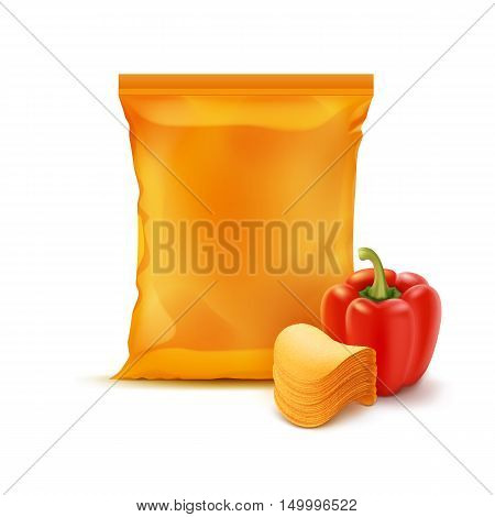 Vector Stack of Potato Crispy Chips with Paprika and Vertical Sealed Empty Orange Plastic Foil Bag for Package Design Close up Isolated on White Background