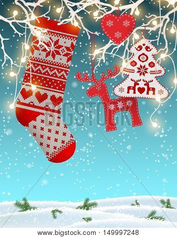 Red knitted christmas stocking with nordic patterns, with some scandinavian traditional decorations hanging on branches with decorative electric lights in front of simple winter landscape, vector illustration, eps 10 with transparency and gradient meshes