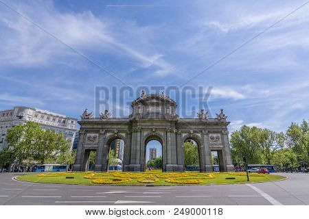 Madrid, Spain, April 2017: Puerta De Alcalá Or English Translation Citidel Gate In Madrid Spain Is T
