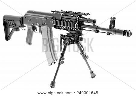 Ak-47 Machinegun With Custom Butt, Reflex Sight And Bipod