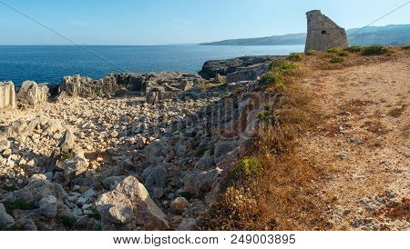 Torre Di Porto Miggiano In Santa Cesarea Terme Ruins, Salento Adriatic Sea Coast, Puglia, Italy.
