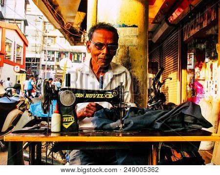 Margao Goa India December 20, 2017 View Of A Taillor Working In The Street Of Margao In The Morning