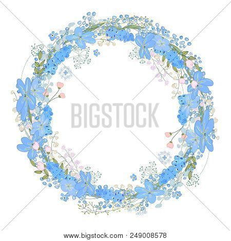 Round Frame With Pretty Flowers Muscari And Text Happy Easter. Festive Floral Circle For Your Season