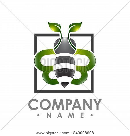 Logo Abstract Bee Flying With Green Leaf Wing Inside Aquare Shape