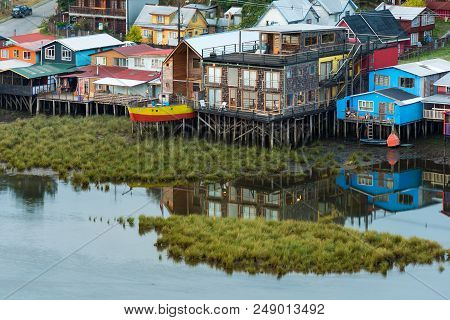 Traditional Stilt Houses Know As Palafitos In The City Of Castro At Chiloe Island In Southern Chile