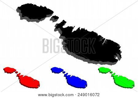 3d Map Of Malta (republic Of Malta) - Black, Red, Blue And Green - Vector Illustration