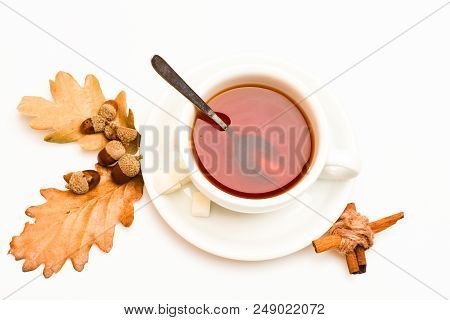 Drink And Acorn And Oak Leaves. Tea Served With Spoon, Sugar And Decor As Cinnamon. Mug Filled With 