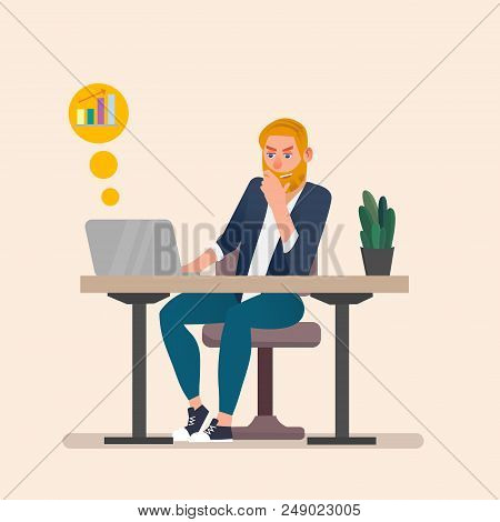 Man Working On Laptop. Flat Cartoon Person Character, Freelancer Workplace, Work Desk. Business Conc