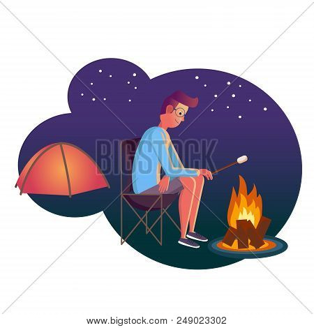 Young Man Camping And Roasting Marshmallow. Evening Scene With Tent, Campfire And Stars On Backgroun