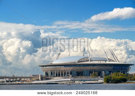 Krestovsky Stadium Is Saint Petersburg, Russia Against Cloudy Sky