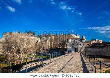 Avignon, France - March, 2018: Famous Avignon Bridge Also Called Pont Saint-benezet At Avignon Franc
