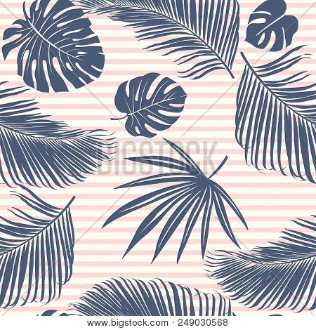 Summer Navy Pink Tropical Forest Leaves Bright Mood On Sky Blue Stripe Seamless Pattern Fashoin Fabr
