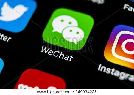 Sankt-petersburg, Russia, July 11, 2018: Wechat Messenger Application Icon On Apple Iphone X Smartph