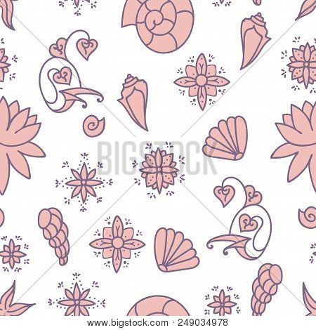 Sea Life. Seamless Underwater Pattern. Hand Drawn Vector Illustration. Seashells And Doodle Elements