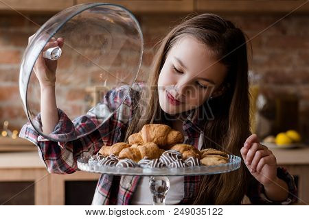 Child Sugar Addiction. Unhealthy Eating Habits. Confectionery And Puff Pastry Overeating. Little Gir