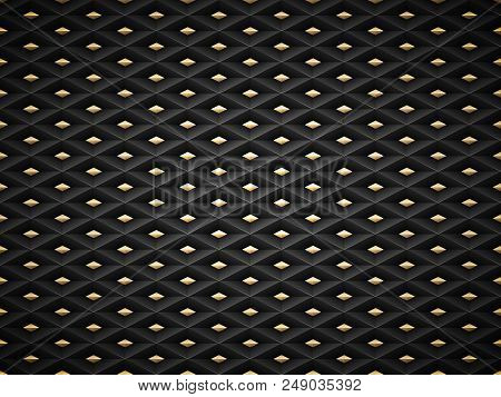 Vector Black Embossed Pattern Plastic Grid Background With Golden Insert Element. Technology Diamond