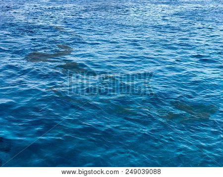 The Texture Of The Blue Natural Sea Of Beautiful Azure Salt Water Contaminated With Oil Stained Stai