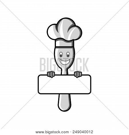 Cartoon Smiling Chef Spoon Holds In Hands Blank Banner With Chef Hat. Children Restaurant Menu Emble