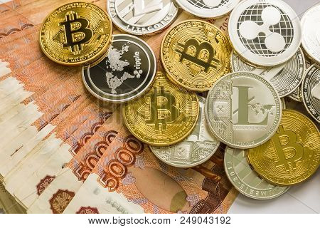 Silver Gold Crypto Coins Litecoin Ltc, Bitcoin Btc, Ripple Xrp, Dash . Russian Ruble. Metal Coins Ar